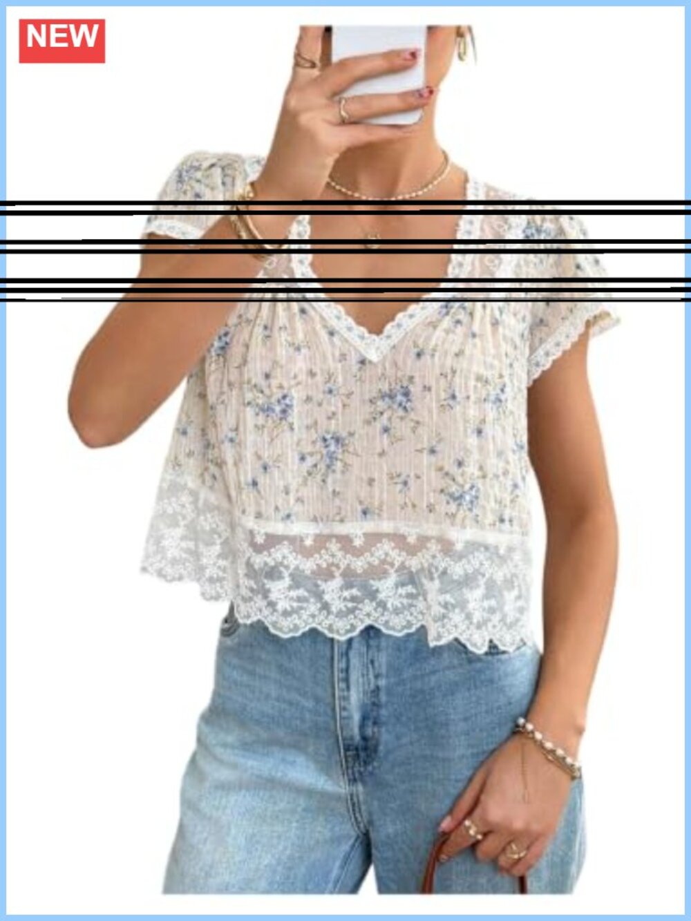 Sheer Lace Peplum Top Floral Print V-Neck Cap Sleeve Going Out Blouse